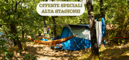 Campeggio estivo con offerte speciali tra gli alberi.