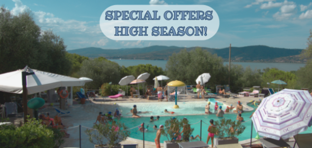 Special offers for high season at a lakeside pool.